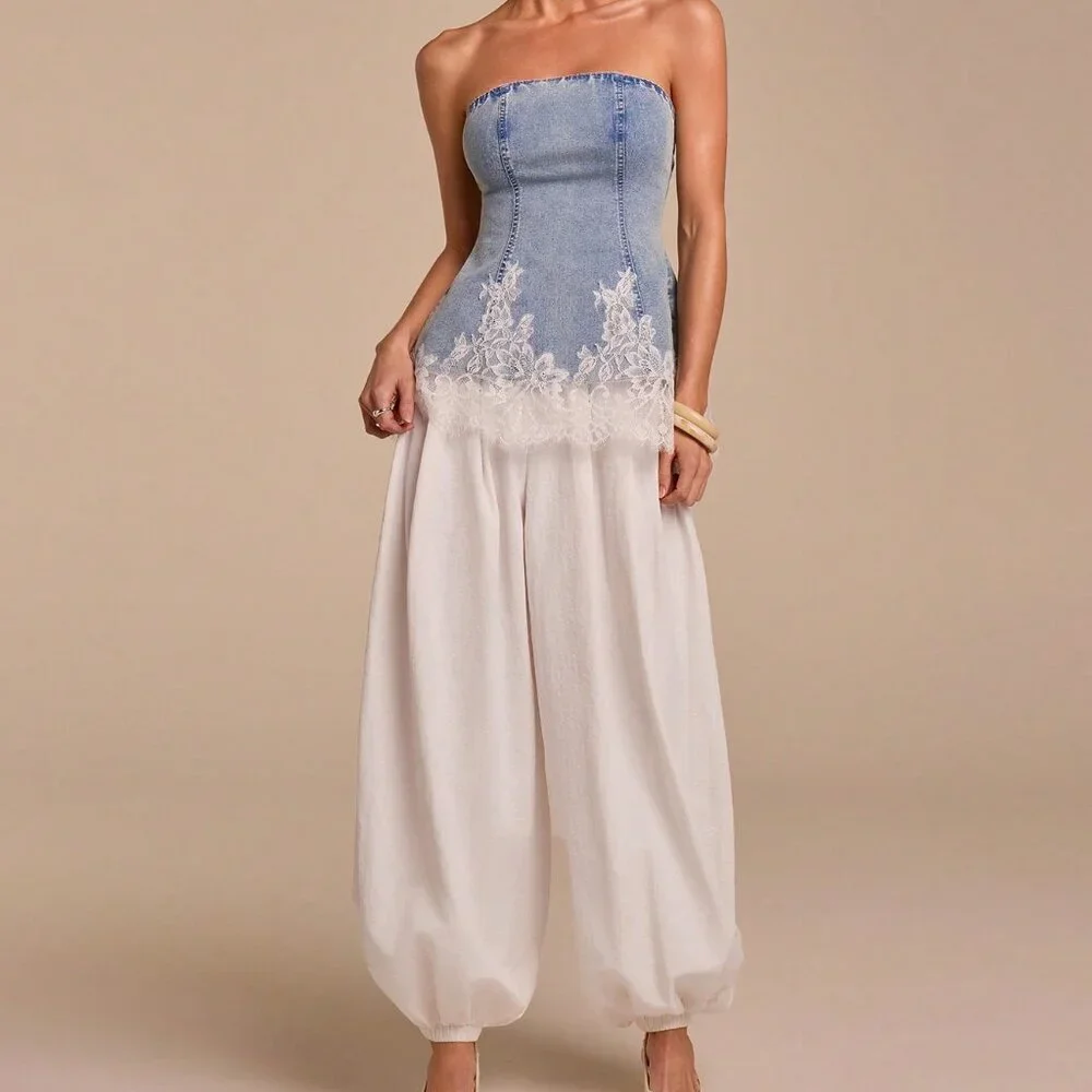 Blue Casual Women's Fitted Bustier with Contrast Lace Top - Picture 2 of 6